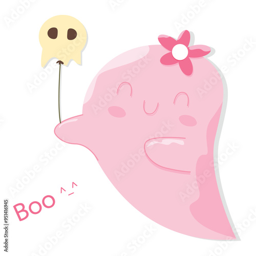 Cute Kawaii Pink Halloween Ghost Cartoon Perfect for adding some spooky fun to your designs. Get into the Halloween spirit with this flat vector illustration.