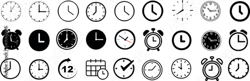 Clock vector illustration set, alarm clocks, analog clock icon, various clock styles, timekeeping, clock faces minimalist design