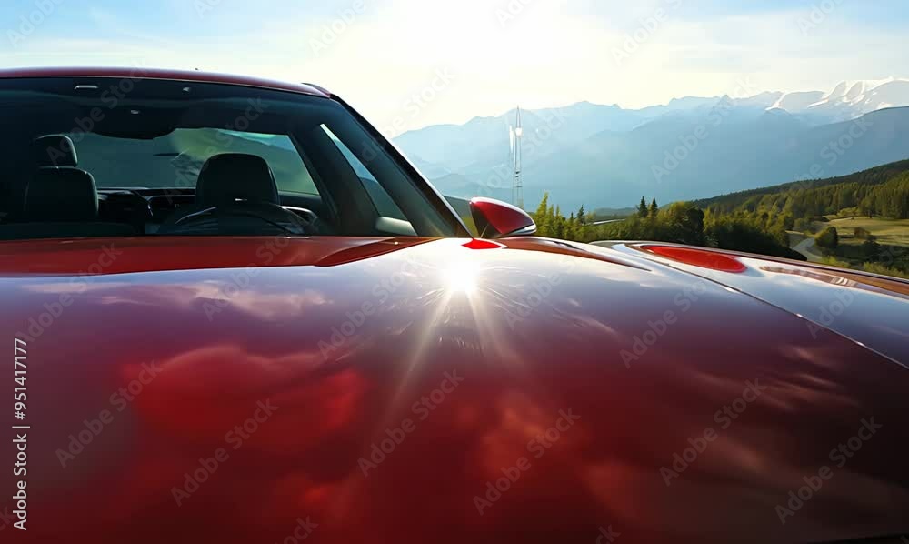 Close-Up Showcase of a Red Rental Car in Scenic Mountain Location Close-Up Showcase of a Red Rental Car in Scenic Mountain Location