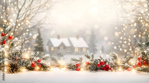 Festive Holiday Banner with Twinkling Lights and Cozy Cottage Setting