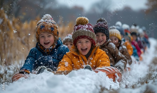 a group of children playing in the snow. 