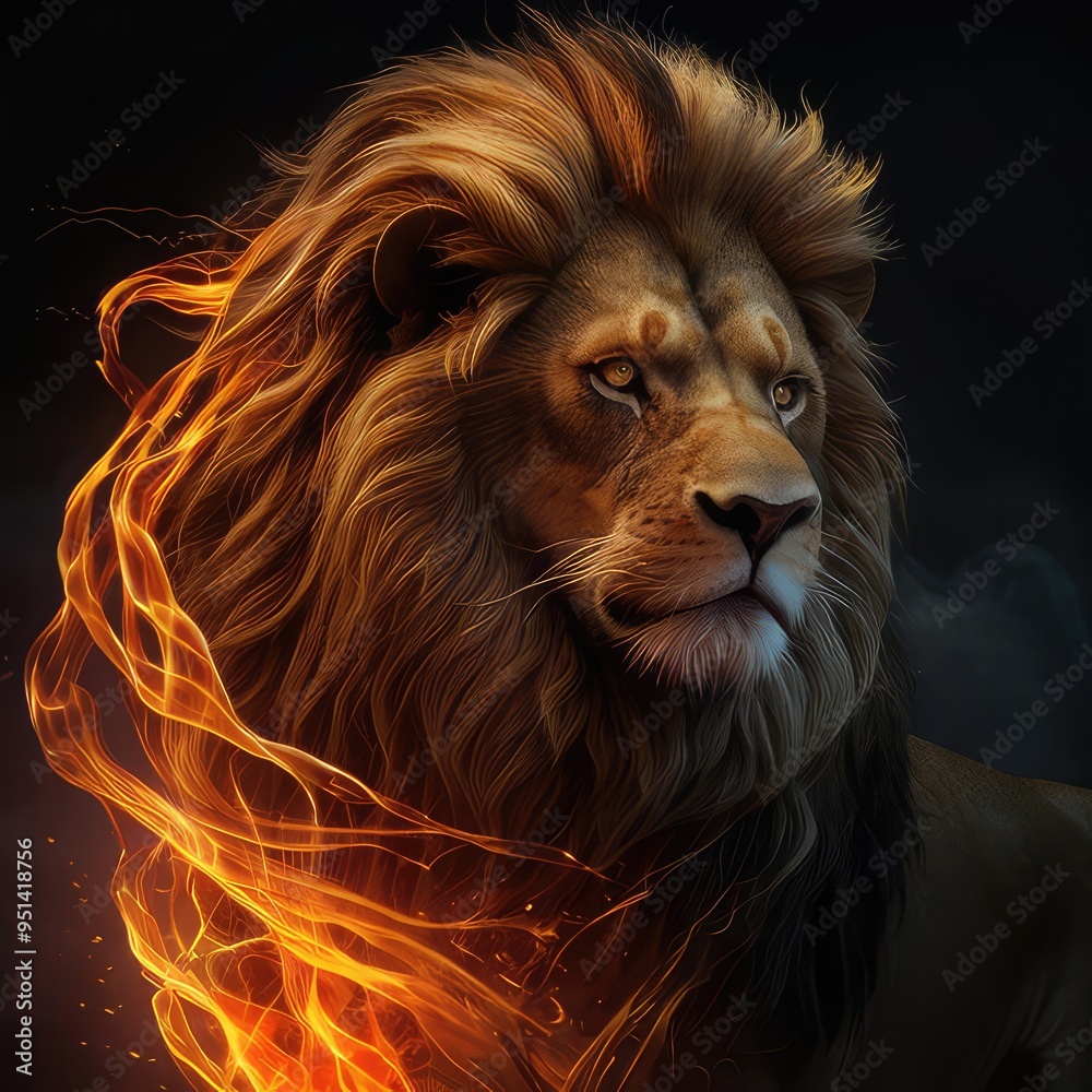 Naklejka premium Lion with fireGolden lion flying in the sky divine and fierce figure gleaming maneb superb fantasy game like visual,portrait of a lion with fire