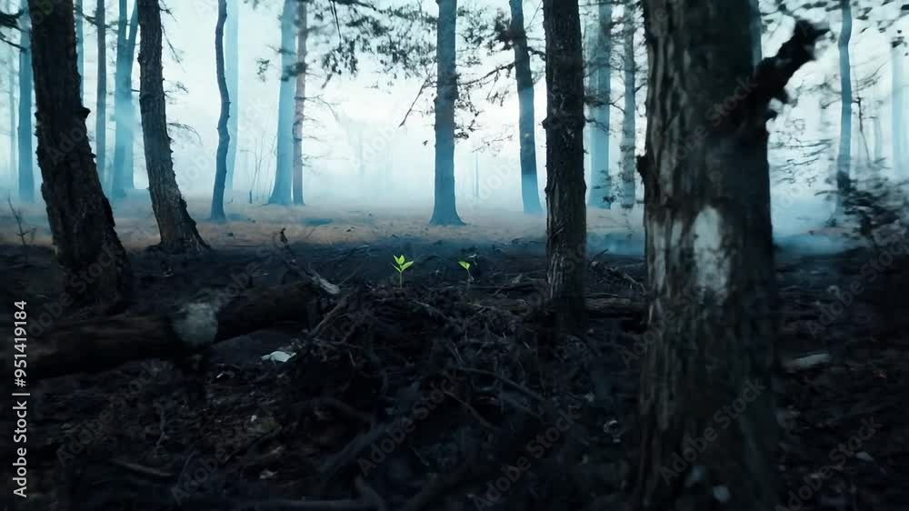 Small green plant growing in burned forest