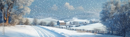 Snow-covered countryside landscape with rolling hills and distant farmhouses