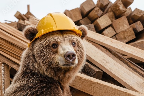 Bear in a construction helmet, standing by a pile of lumber, ready to build a cabin, strong and rustic photo