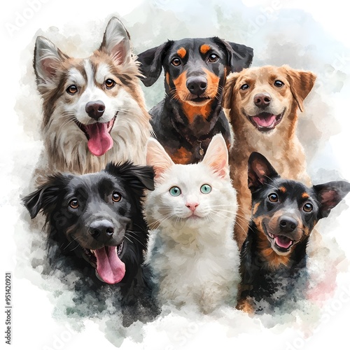 Heartwarming Rescue Pet Adoption Event Featuring Adorable Dogs and Cats in Vibrant Digital Painting