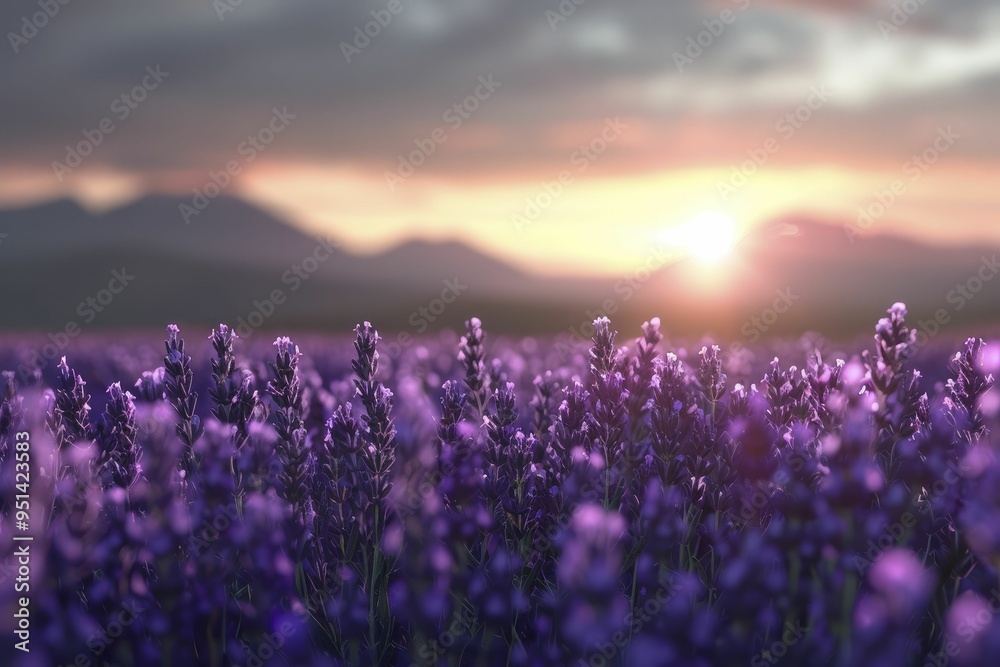 Naklejka premium lavender nature scene, displaying a beautiful lavender field with mountains or a sunset in the background, creating a tranquil atmosphere.
