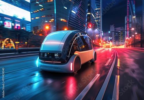 Autonomous Vehicle Driving Through City at Night