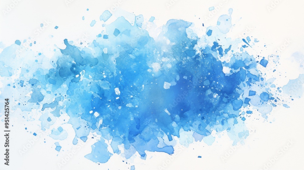 Obraz premium Minimalist blue watercolor stain with paint splatter and copy space on the side