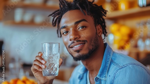 Smiling man enjoying a refreshing glass of water, highlighting hydration and wellness in a casual setting. photo