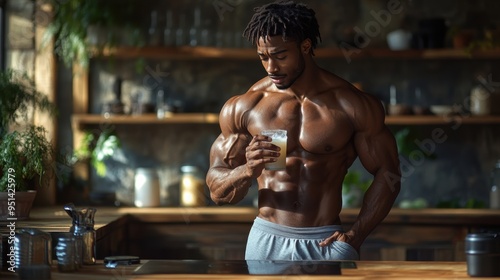 A man with a muscular build, in a tank top and tight T-shirt, enjoying a fitness beverage in a stylish kitchen 