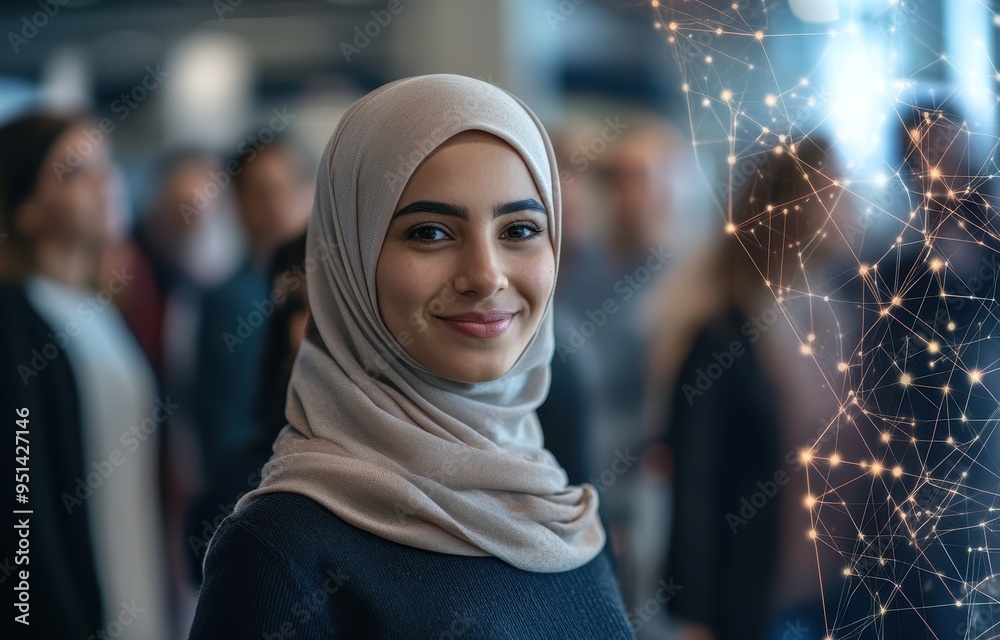In a modern office environment a Muslim woman leads a diverse team during a corporate workshop surrounded by technology and abstract polygonal designs In a modern office environment a Muslim woman leads a diverse team during a corporate workshop surrounded by technology and abstract polygonal designs
