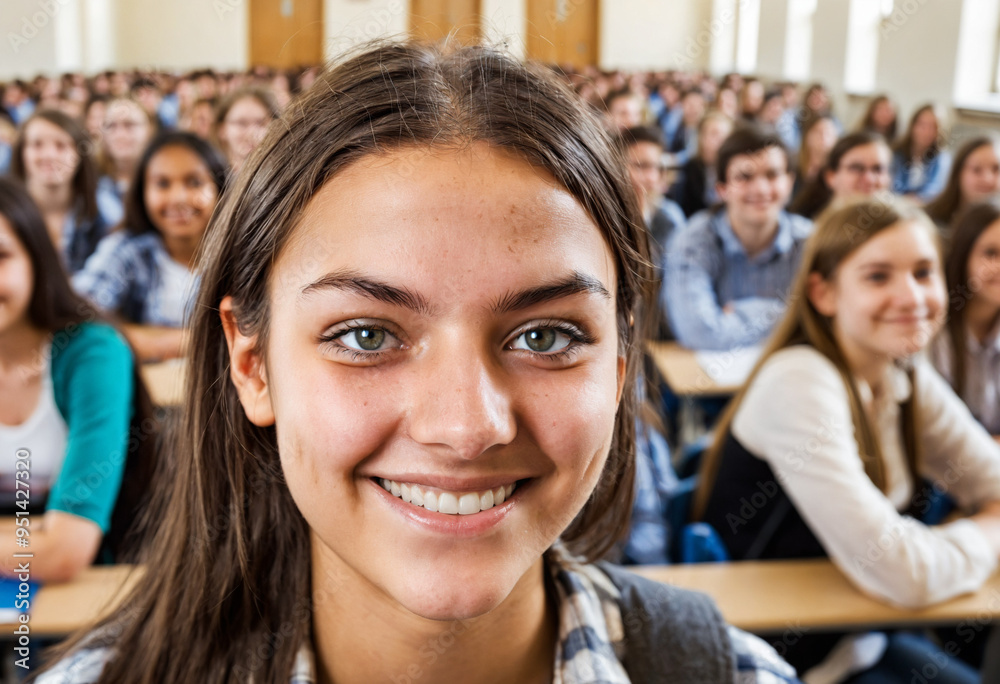 Joyful and motivated expression of a student, teenage girl, caucasian brunette, sitting down or standing up in university or military school. Joyful and motivated expression of a student, teenage girl, caucasian brunette, sitting down or standing up in university or military school.