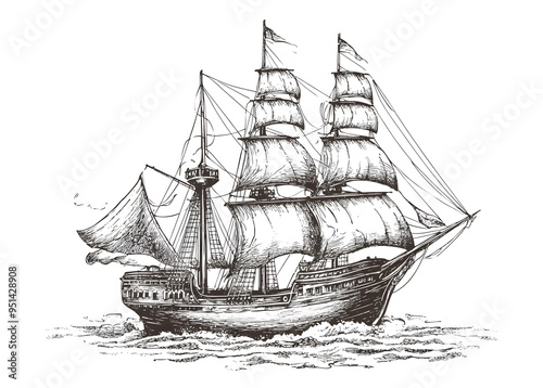 Pirate ship sailboat retro sketch hand drawn engraving. Vector illustration desing.