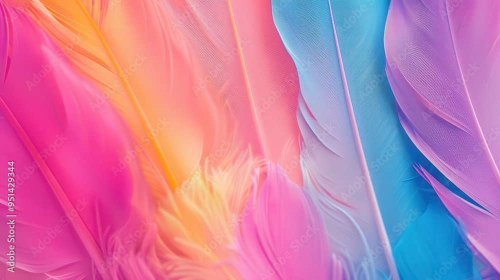 Fototapeta premium Colorful Feather Display, a mesmerizing blend of vibrant hues and soft textures, showcasing an enchanting arrangement of bright feathers that captivates the eye.
