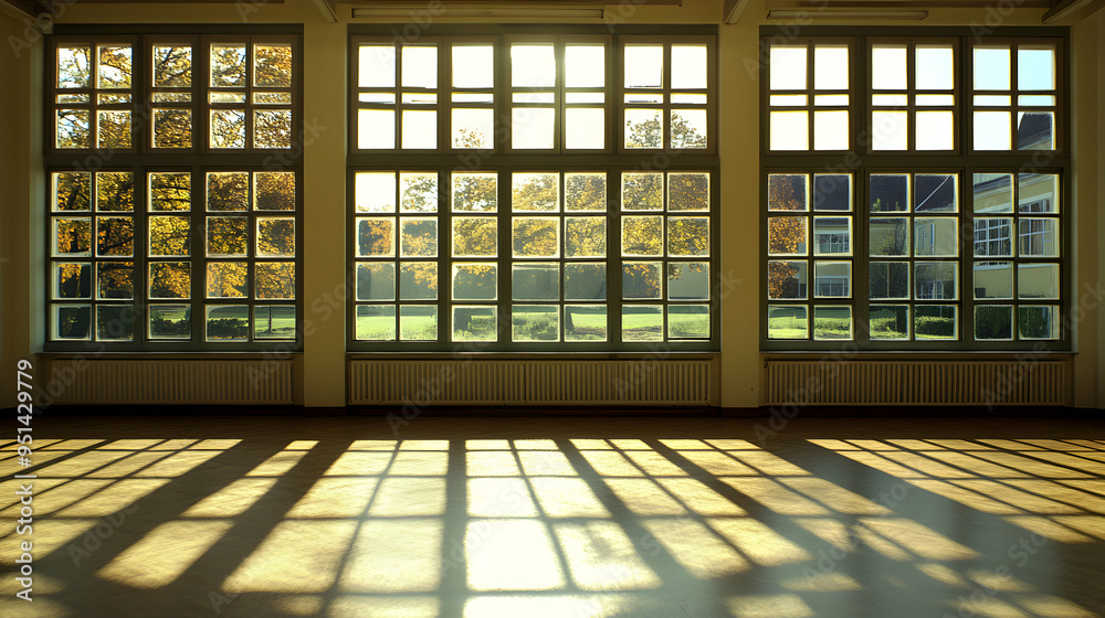 Sunlight streaming through large windows creates a checkered pattern on the floor. Sunlight streaming through large windows creates a checkered pattern on the floor.