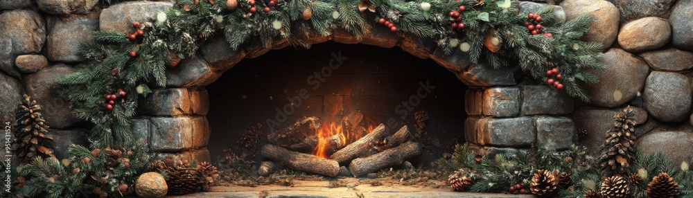 Naklejka premium Cozy Christmas Fireplace Mantel Decor with Greenery, Pinecones, and a Handmade Garland, Rustic Holiday Design Ideas