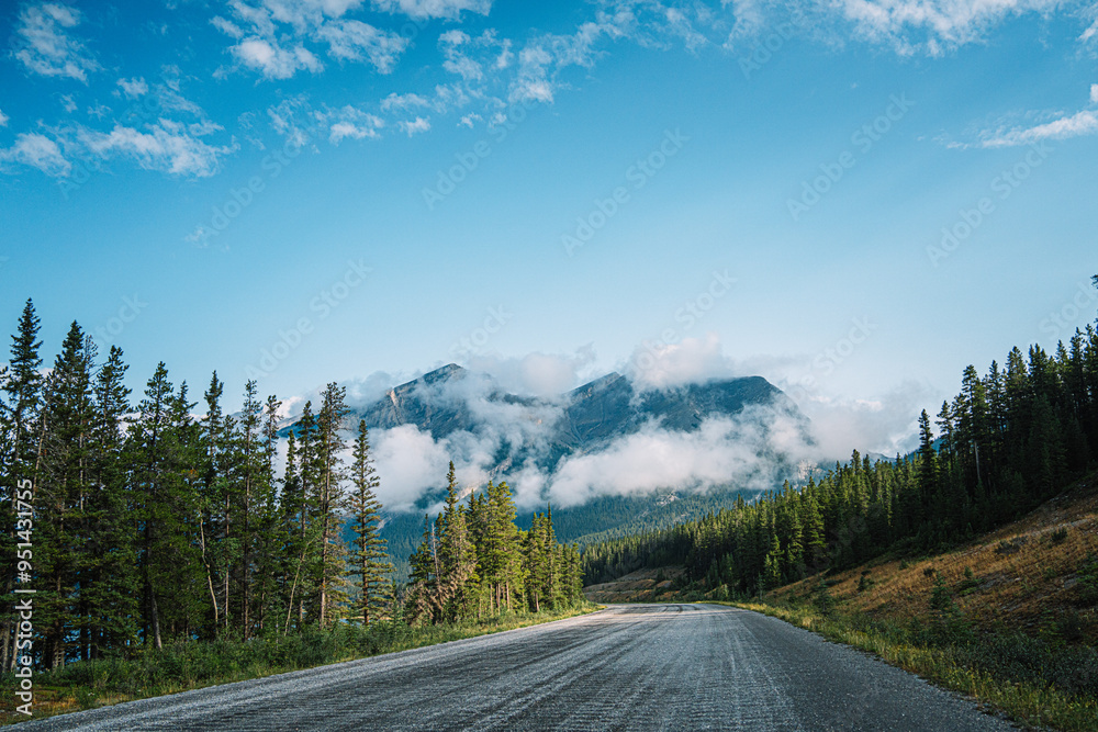 Naklejka premium outdoor nature landscape with mountains and clouds and forest
