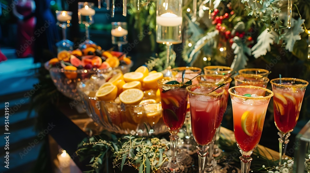 At a winter wedding event a gourmet attractive beverage station At a winter wedding event a gourmet attractive beverage station