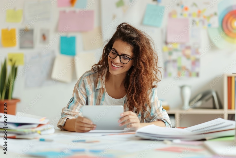 Woman checking bills and doing budget with calculator glasses paper happy. Woman checking bills and doing budget with calculator glasses paper happy.