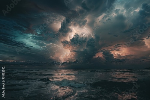 Dramatic stormy ocean lightning sky