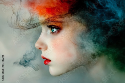 Enchanting Portrait of a Young Woman with Surreal Smoke