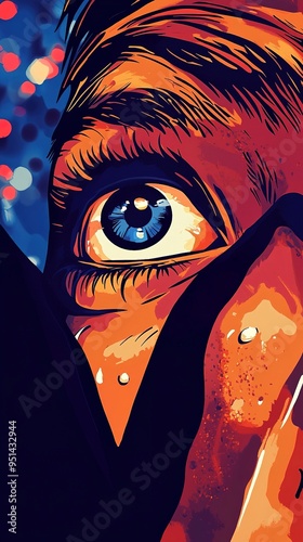 Intriguing Gaze: Close-up of a stylized eye, vibrant colors and comic book style, intense and captivating. 