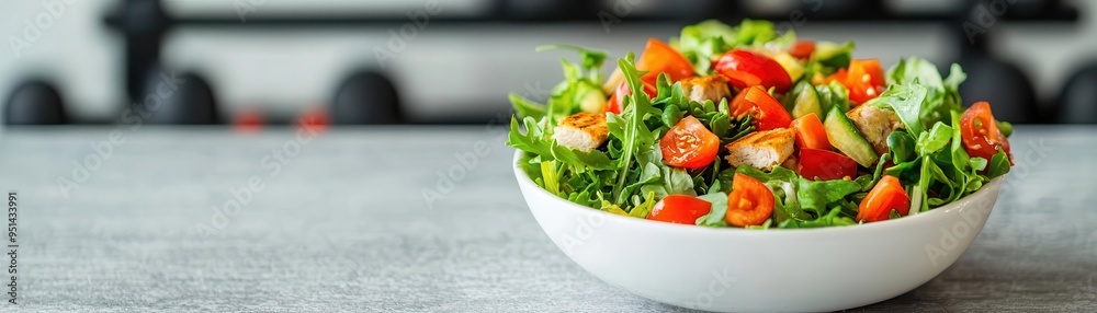 Nutritious fitness meal with a crisp salad, set within a gym interior, featuring a mix of workout gear and motivational elements Nutritious fitness meal with a crisp salad, set within a gym interior, featuring a mix of workout gear and motivational elements