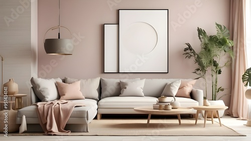 mock up poster frame in modern interior background, living room, Scandinavian style, 3D render, 3D illustration