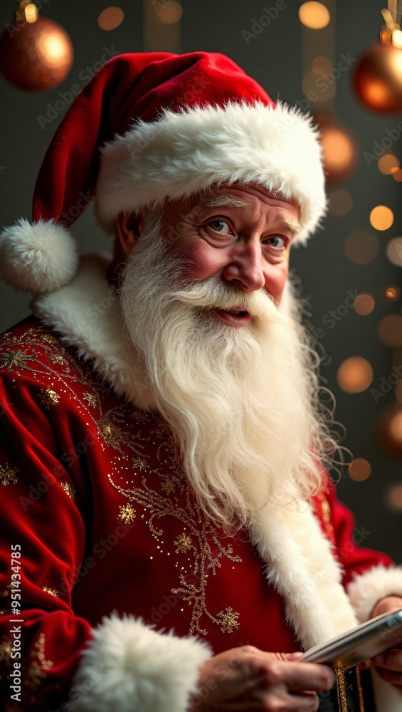 Realistic, New Year’s Eve 2025 Banner, A banner design with elegant gold and white colors, featuring Santa Claus and ornaments, confetti with copy space, vertical orientation. Realistic, New Year’s Eve 2025 Banner, A banner design with elegant gold and white colors, featuring Santa Claus and ornaments, confetti with copy space, vertical orientation.