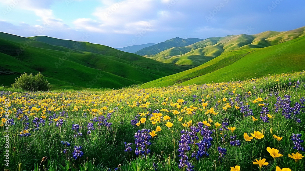 Obraz premium Rolling hills with wildflowers in bloom.