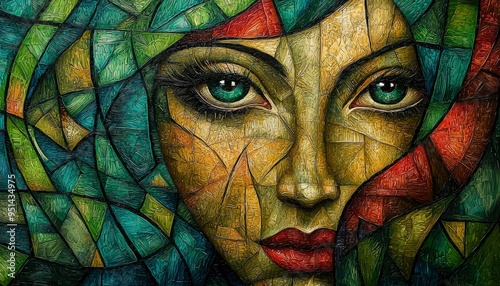 Abstract Portrait with Green and Red Geometric Patterns