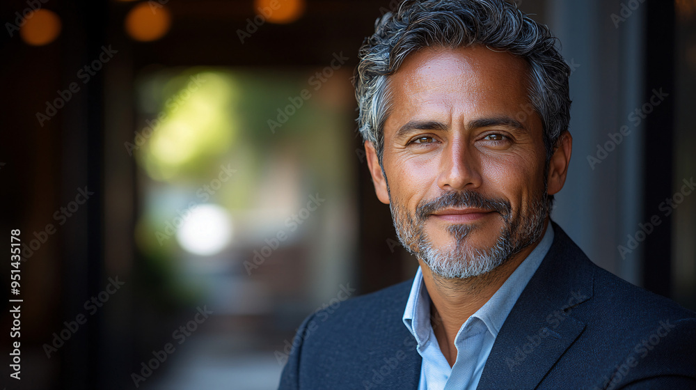 A confident Hispanic man in his 40s wearing a grey business suit exuding professionalism and leadership. A confident Hispanic man in his 40s wearing a grey business suit exuding professionalism and leadership.