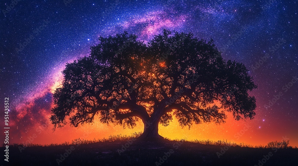 Cosmic Oak at Sunset: A majestic oak tree stands silhouetted against a vibrant sunset and a breathtaking starry night sky, creating a scene of serene beauty and cosmic wonder. Cosmic Oak at Sunset: A majestic oak tree stands silhouetted against a vibrant sunset and a breathtaking starry night sky, creating a scene of serene beauty and cosmic wonder.