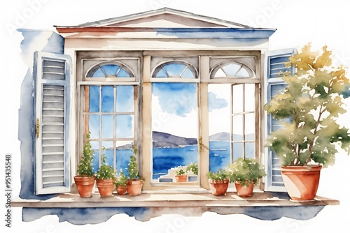 Greece in the window clipart, isolated vector illustration.
 photo