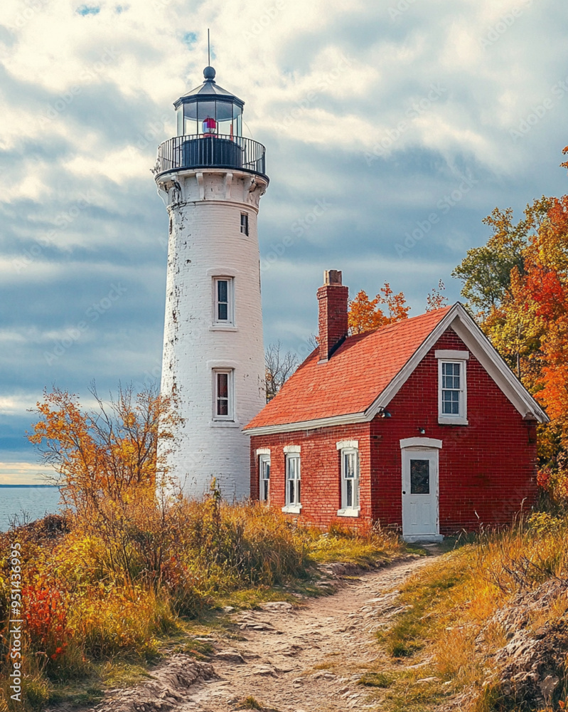 Lighthouse with very small red brick house beside it Lighthouse with very small red brick house beside it