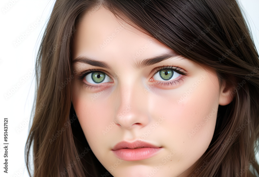 a young woman with long dark brown hair, green eyes, looking at camera, smiling, beautiful, on white background a young woman with long dark brown hair, green eyes, looking at camera, smiling, beautiful, on white background