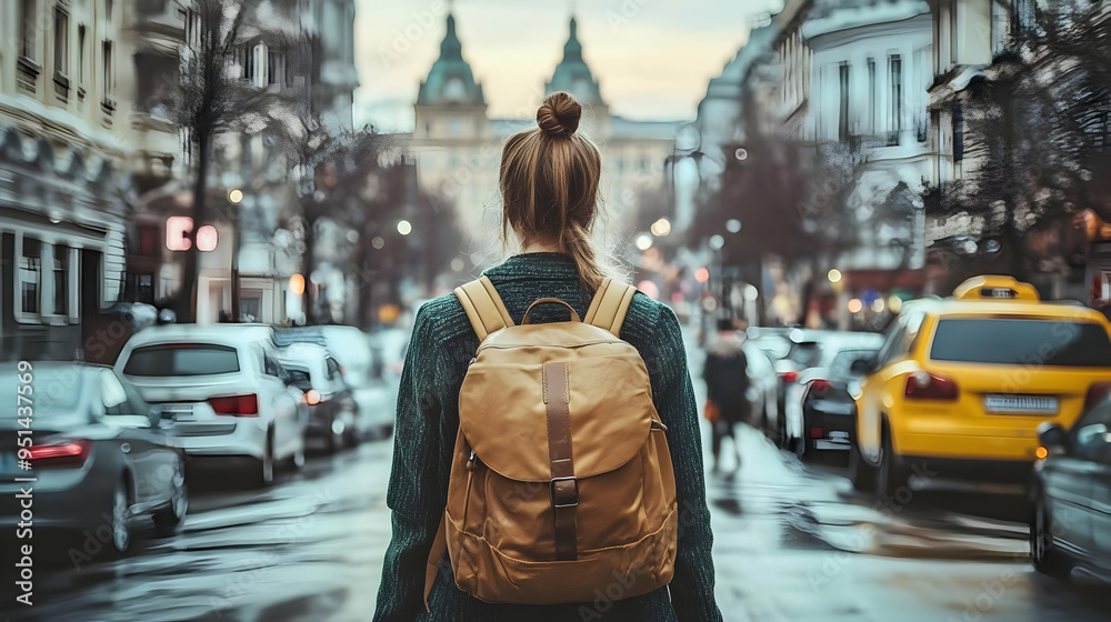 A Person Walks Down a City Street with a Backpack and Looks Towards a Building in the Distance, Urban City Life and the Hustle and Bustle of Everyday Life, City Life, Street View, Urban Landscape A Person Walks Down a City Street with a Backpack and Looks Towards a Building in the Distance, Urban City Life and the Hustle and Bustle of Everyday Life, City Life, Street View, Urban Landscape