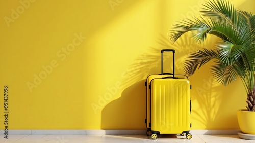 Metallic Yellow Suitcases & Arching Palm Plant Against Vibrant Background Cohesive Design