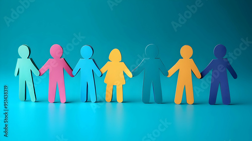 Colorful Paper People Holding Hands, Symbol of Unity, Teamwork, and Togetherness, Diversity and Inclusion Concept