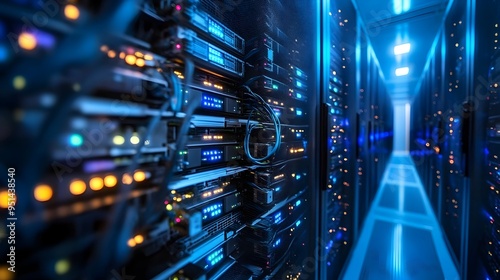 A photograph showcasing a data center facility filled with networked server racks and networking equipment providing essential enterprise level technology infrastructure for businesses photo