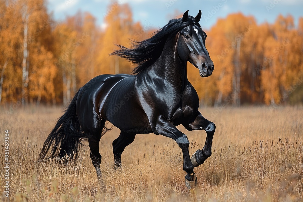 Beautiful black stallion running through a field in autumn Beautiful black stallion running through a field in autumn