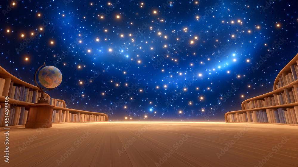 Fototapeta premium Starry Night Sky Over Wooden Floor Globe and bookshelf