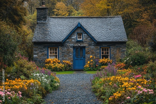 Picturesque stone cottage surrounded by a colorful garden in bloom