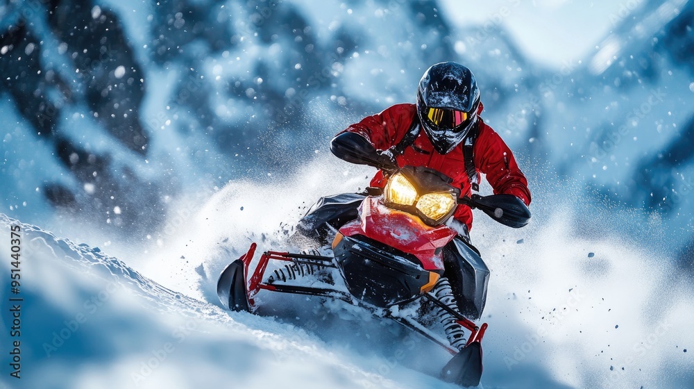 Snowmobile driver racing through deep snow in forest Snowmobile driver racing through deep snow in forest