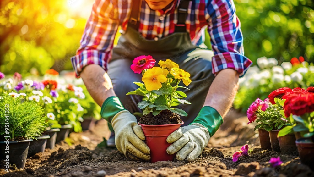 Fototapeta premium The gardener gently places a resilient flower into the fragrant soil, amidst the rustic gardening scene, where morning dew glistens on newly cultivated earth.