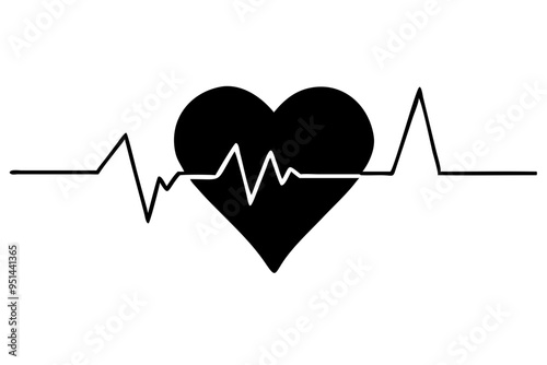 Heart beat one line. Continuous lines heart beats drawing. Wave pulse. Hand draw heartbeat. Design heartbeat for print. Black silhouette cardiogram isolated on white background