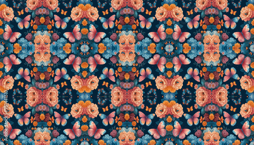 pattern with flowers A meticulously designed floral kaleidoscope pattern featuring vibrant orange, blue, and pink flowers symmetrically arranged on a dark navy backdrop. Ideal for creative . photo