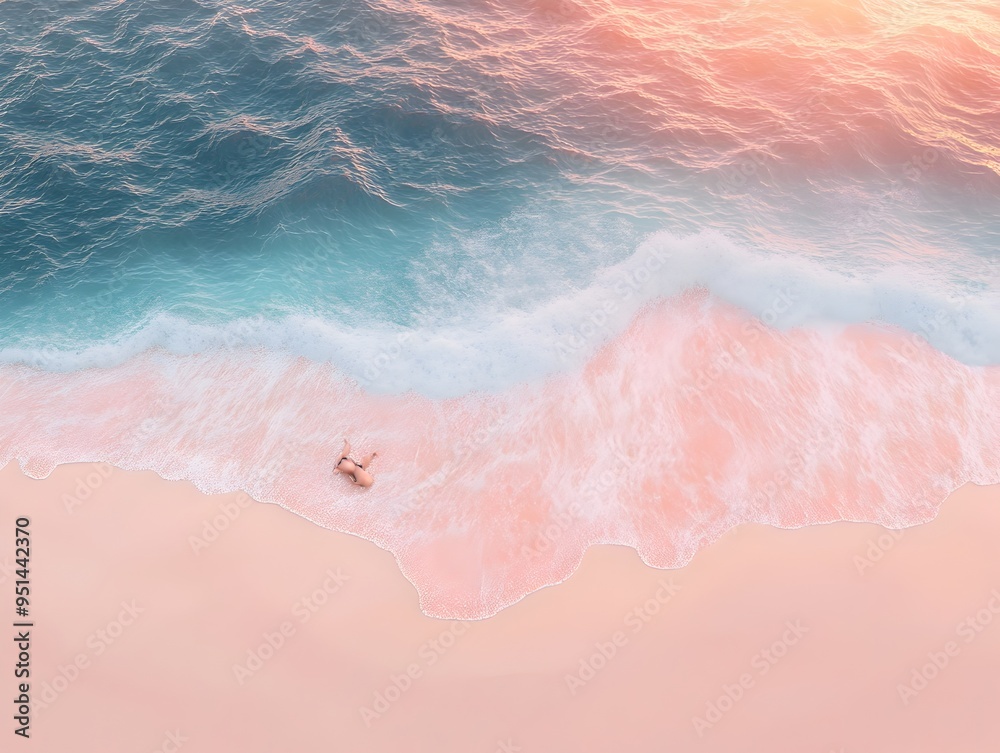 Fototapeta premium Serene Slumber on a Warm Coastal Beach with Gentle Waves and Sunset Glow