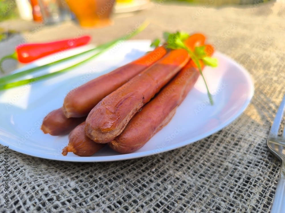 juicy fried sausages lying on a white plate High-quality photo juicy fried sausages lying on a white plate High-quality photo